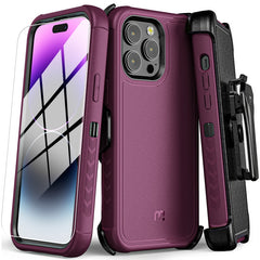 MyBat Pro Maverick Series Case w/ Holster and Tempered Glass for Apple iPhone 14 Pro Max (6.7) - Plum