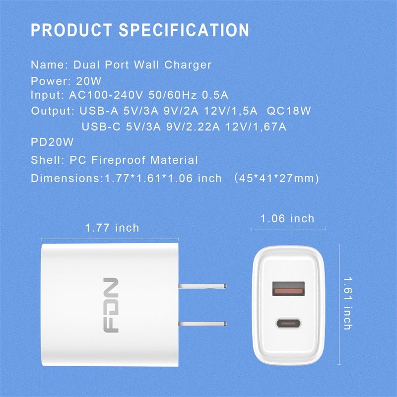 FDN 20W Dual - Port Wall Charger (USB - C + USB - A) - White - MyBat Pro