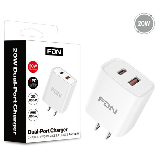 FDN 20W Dual - Port Wall Charger (USB - C + USB - A) - White - MyBat Pro