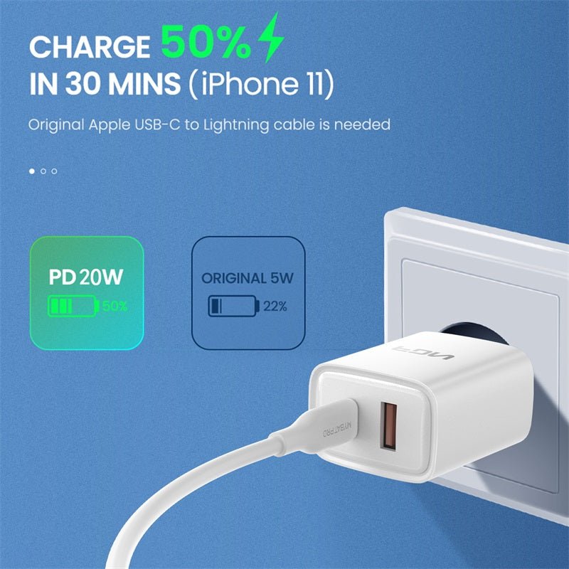 FDN 20W Dual - Port Wall Charger (USB - C + USB - A) - White - MyBat Pro