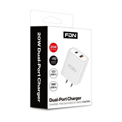 FDN 20W Dual - Port Wall Charger (USB - C + USB - A) - White - MyBat Pro