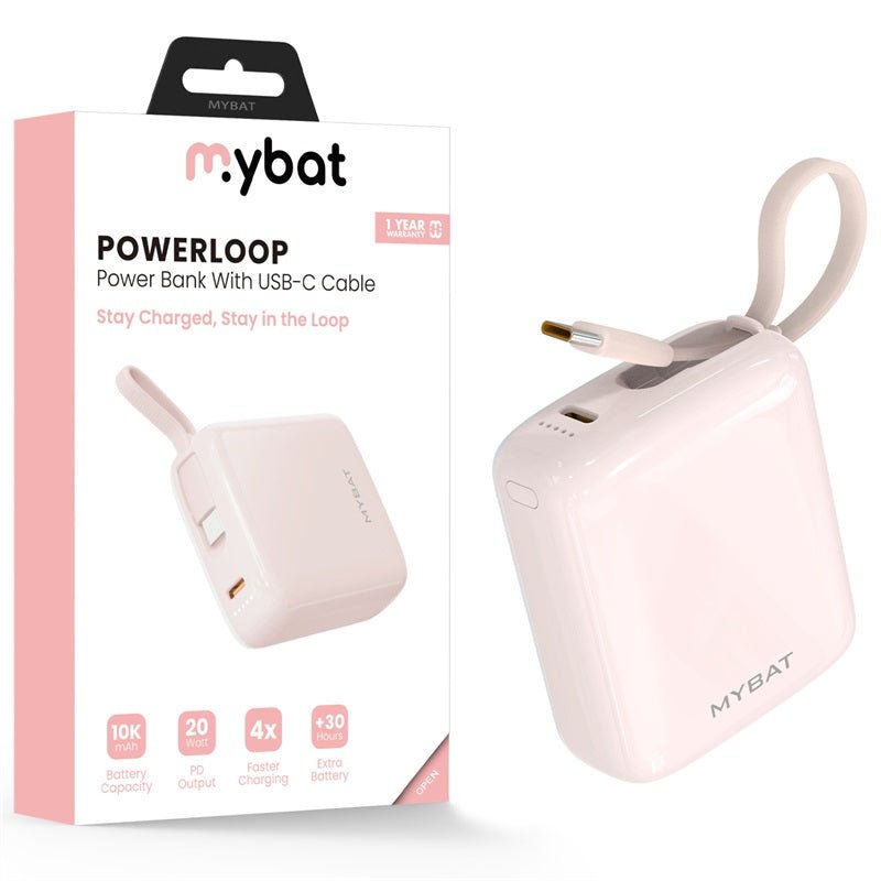 MyBat 10000mAh PowerLoop Power Bank with USB - C Cable - Pink - MyBat Pro