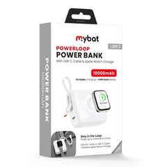 MyBat 10000mAh PowerLoop Power Bank with USB - C Cable & Watch Charger - White