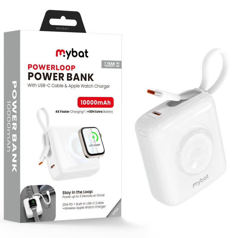 MyBat 10000mAh PowerLoop Power Bank with USB - C Cable & Watch Charger - White