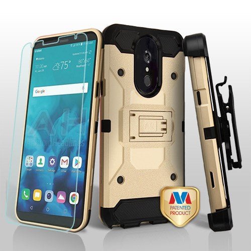 MyBat 3 - in - 1 Kinetic Hybrid Protector Cover Combo (with Black Holster)(Tempered Glass Screen Protector) for Lg Stylo 4 / Stylo 4 Plus - Gold / Black