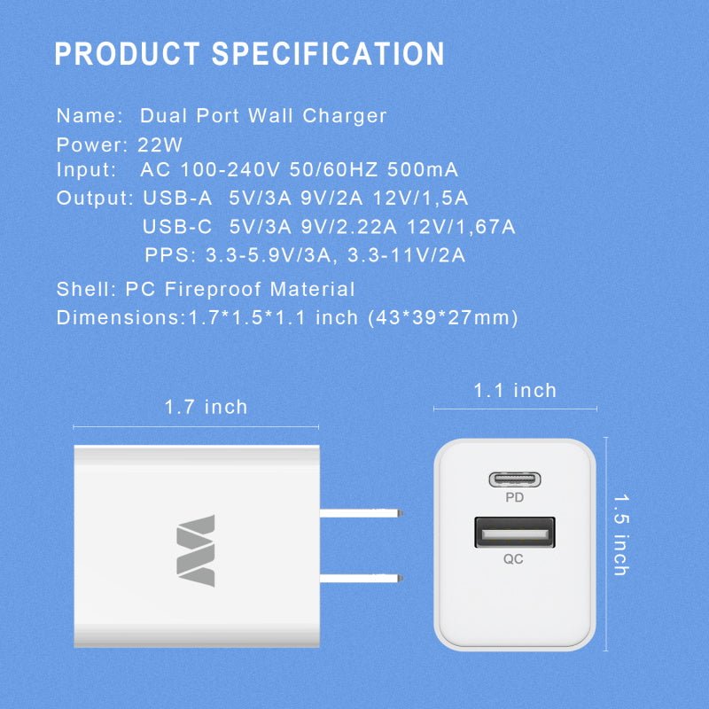 MyBat Dual Port Wall Charger (USB - A + USB - C 22W Power Delivery) - White - MyBat Pro