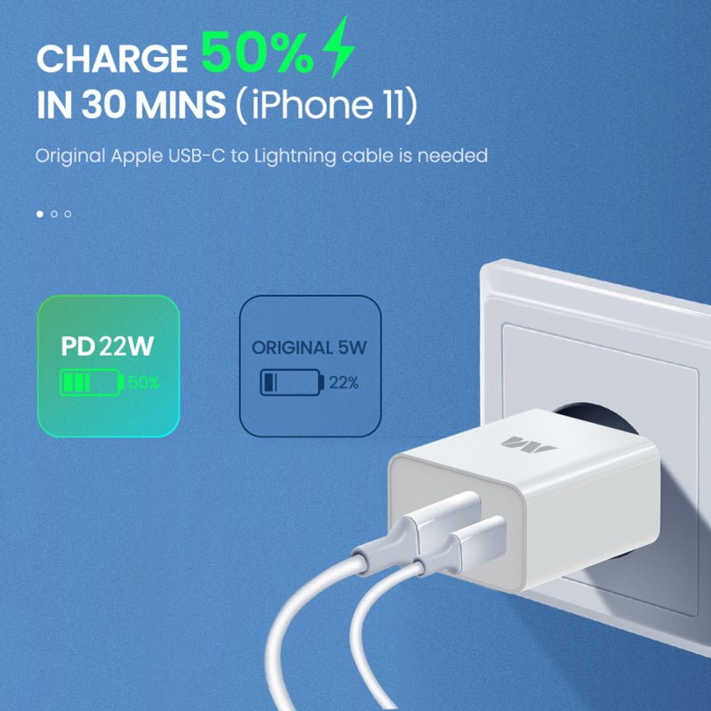 MyBat Dual Port Wall Charger (USB - A + USB - C 22W Power Delivery) - White - MyBat Pro