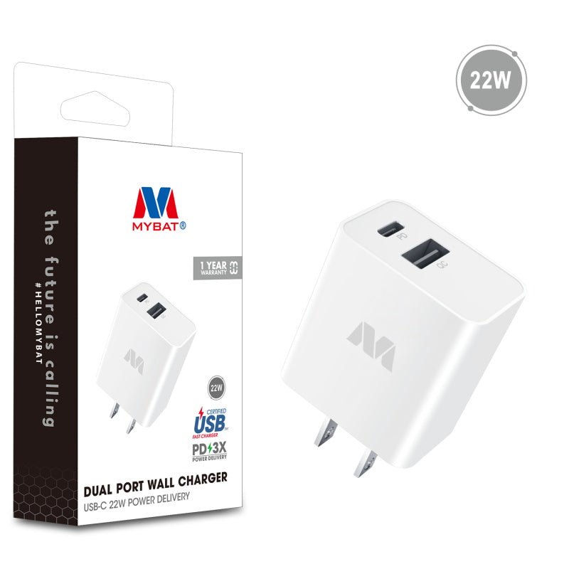 MyBat Dual Port Wall Charger (USB - A + USB - C 22W Power Delivery) - White - MyBat Pro