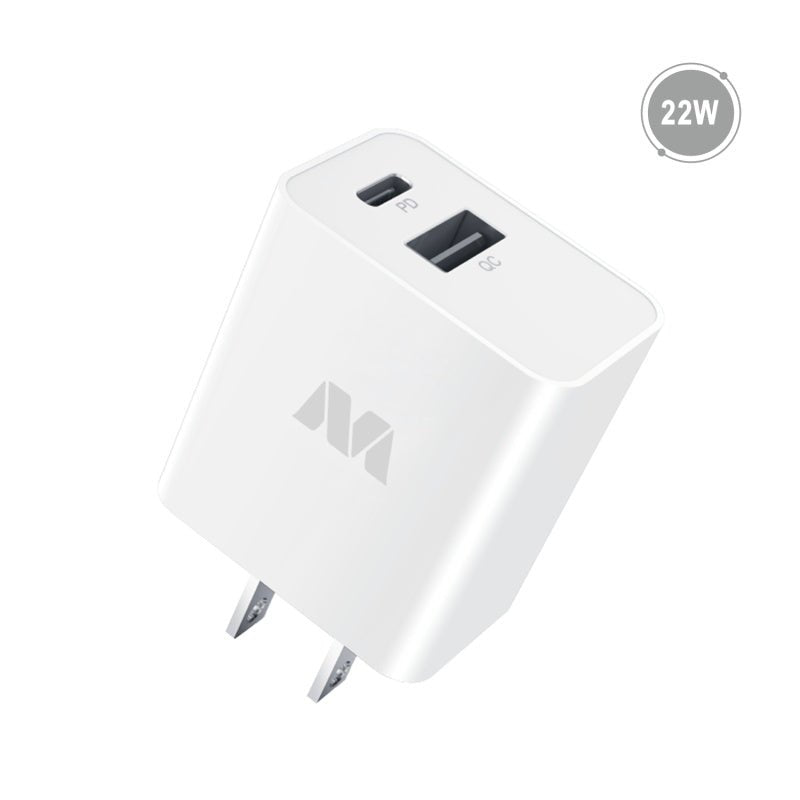 MyBat Dual Port Wall Charger (USB - A + USB - C 22W Power Delivery) - White - MyBat Pro