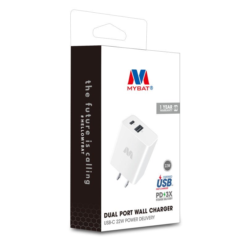 MyBat Dual Port Wall Charger (USB - A + USB - C 22W Power Delivery) - White - MyBat Pro