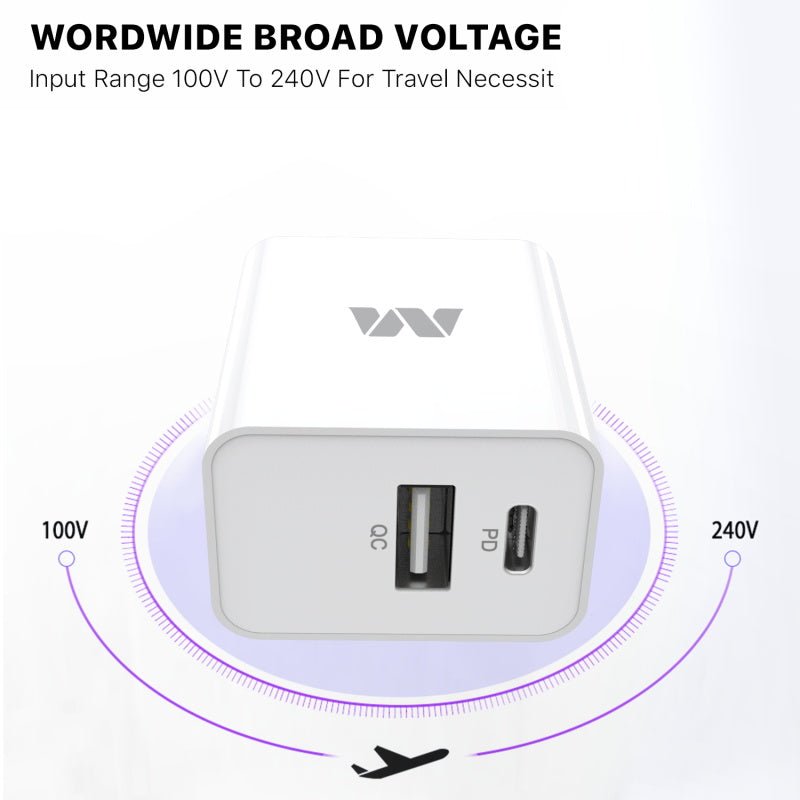 MyBat Dual Port Wall Charger (USB - A + USB - C 22W Power Delivery) - White - MyBat Pro