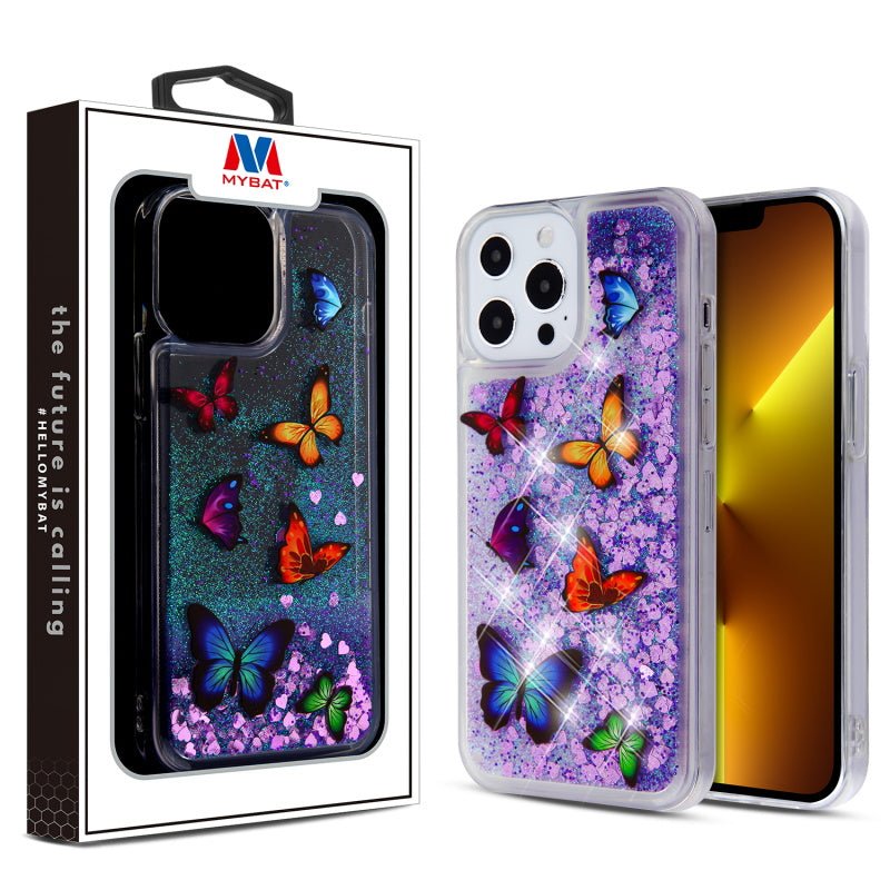 MyBat Glitter Hybrid Protector Cover for Apple iPhone 13 Pro (6.1) - Butterfly Dancing & Purple Quicksand (Hearts) - MyBat Pro