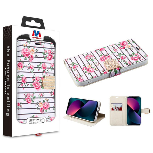 MyBat MyJacket Wallet Diamond Series for Apple iPhone 13 mini (5.4) - Pink Fresh Roses - MyBat Pro