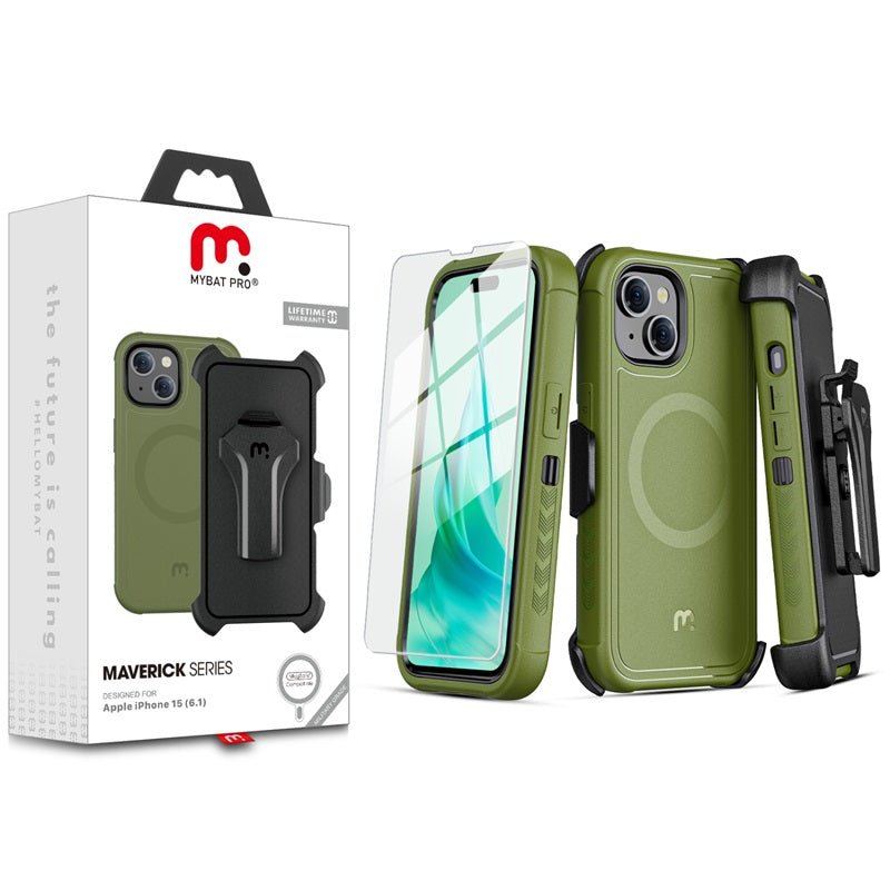 MyBat Pro Antimicrobial Maverick Series w/ MagSafe Case with Holster and Tempered Glass for Apple iPhone 15 (6.1)