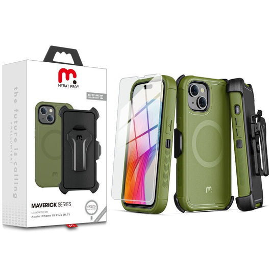 MyBat Pro Antimicrobial Maverick Series w/ MagSafe Case with Holster and Tempered Glass for Apple iPhone 15 Plus (6.7) - Army Green - MyBat Pro