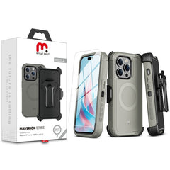 MyBat Pro Antimicrobial Maverick Series w/ MagSafe Case with Holster and Tempered Glass for Apple iPhone 15 Pro (6.1) - Gray / Black - MyBat Pro