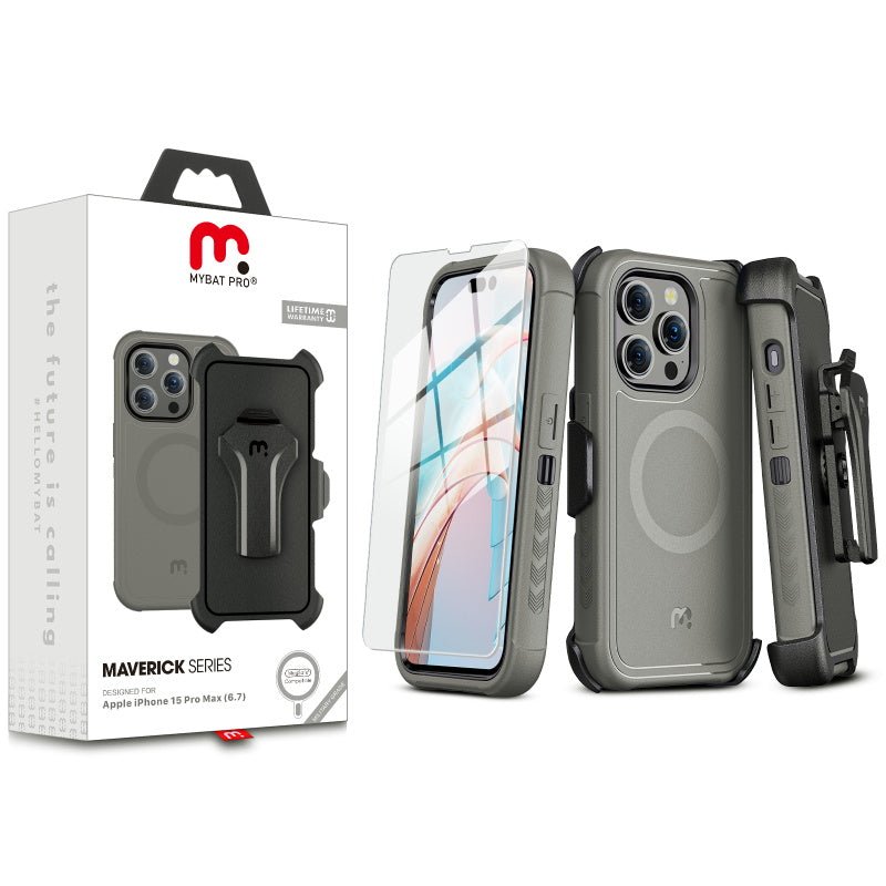 MyBat Pro Antimicrobial Maverick Series w/ MagSafe Case with Holster and Tempered Glass for Apple iPhone 15 Pro Max (6.7)