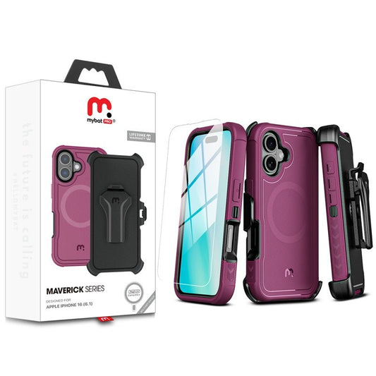 MyBat Pro Antimicrobial Maverick Series w/ MagSafe Case with Holster and Tempered Glass for Apple iPhone 16 - Plum / Black - MyBat Pro