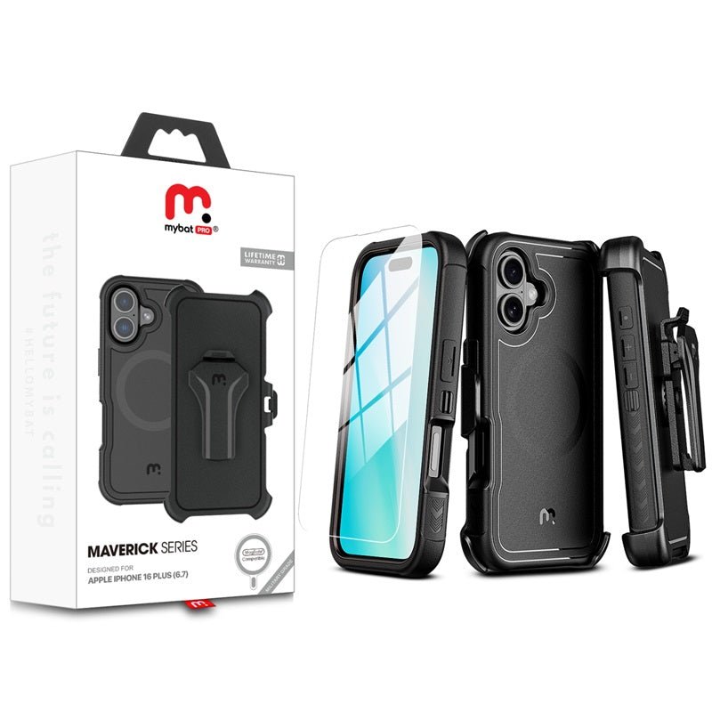 MyBat Pro Antimicrobial Maverick Series w/ MagSafe Case with Holster and Tempered Glass for Apple iPhone 16 Plus - Black / Black - MyBat Pro