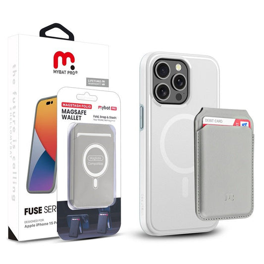 MyBat Pro Fuse Series Case Bundle + MagStash Wallet Folio for Apple iPhone 15 Pro Max (6.7) - White/ Gray - MyBat Pro