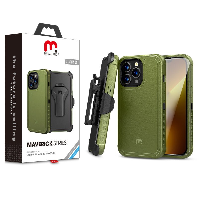 MyBat Pro Maverick Series Case w/ Holster and Tempered Glass for Apple iPhone 13 Pro (6.1) - Army Green