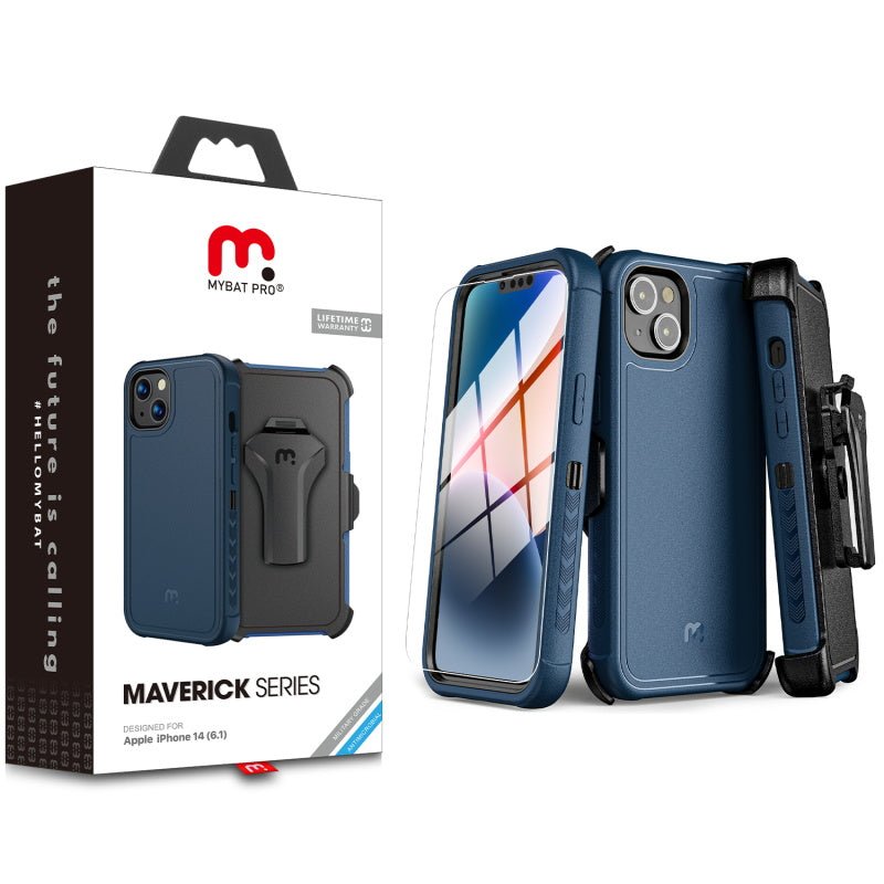 MyBat Pro Maverick Series Case w/ Holster and Tempered Glass for Apple iPhone 14 (6.1) / 13 (6.1) - Black - MyBat Pro