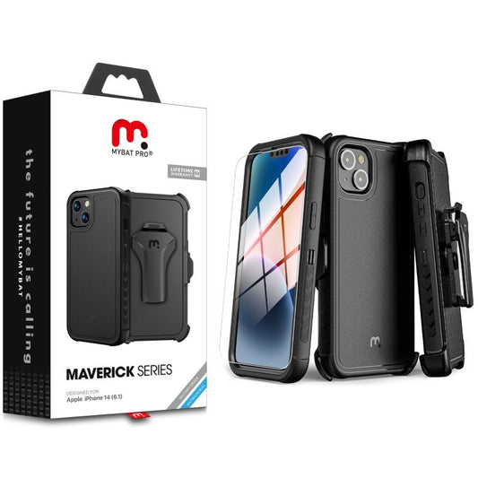 MyBat Pro Maverick Series Case w/ Holster and Tempered Glass for Apple iPhone 14 (6.1) / 13 (6.1) - Black - MyBat Pro