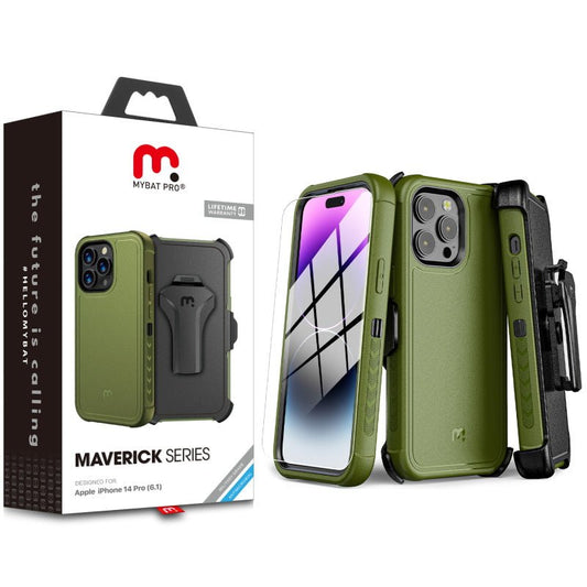 MyBat Pro Maverick Series Case w/ Holster and Tempered Glass for Apple iPhone 14 Pro (6.1) - Army Green - MyBat Pro