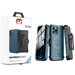 MyBat Pro Maverick Series MagSafe Case w/ Holster and Tempered Glass for Apple iPhone 12 / 12 Pro (6.1) - Blue - MyBat Pro