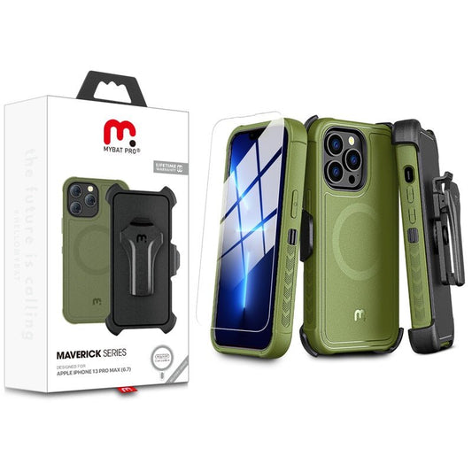 MyBat Pro Maverick Series MagSafe Case w/ Holster and Tempered Glass for Apple iPhone 13 Pro Max (6.7) - Army Green - MyBat Pro