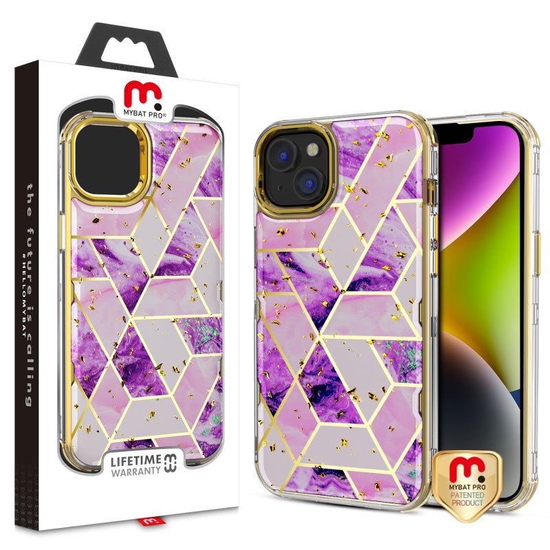 MyBat Pro TUFF Kleer Hybrid Case for Apple iPhone 14 (6.1) - Electroplated Purple Marble / Electroplating Gold - MyBat Pro