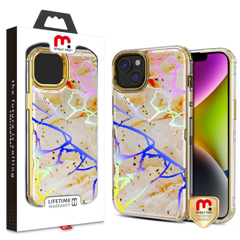 MyBat Pro TUFF Kleer Hybrid Case for Apple iPhone 14 Plus (6.7) - Pale Yellow Marbling / Electroplating Gold - MyBat Pro