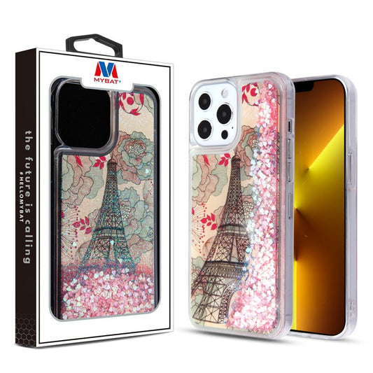 MyBat Quicksand Glitter Hybrid Protector Cover for Apple iPhone 13 Pro (6.1) - Eiffel Tower & Pink Hearts - MyBat Pro