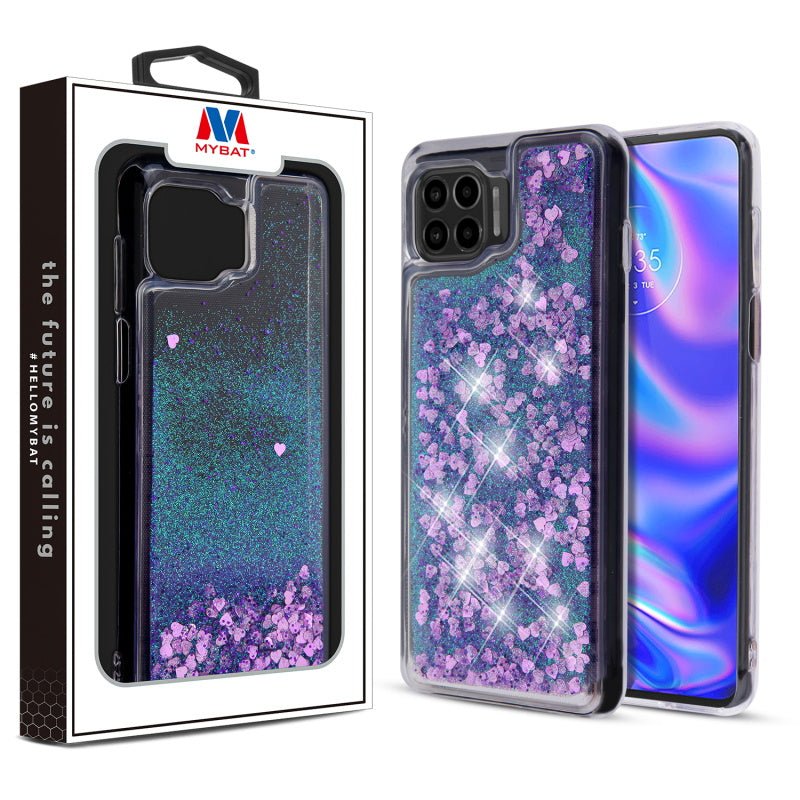 MyBat Quicksand Glitter Hybrid Protector Cover for Motorola Moto One 5G - Hearts & Purple - MyBat Pro