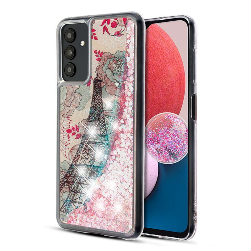 MyBat Quicksand Glitter Hybrid Protector Cover for Samsung Galaxy A13 5G / Galaxy A13 (4G) - Eiffel Tower & Pink Hearts - MyBat Pro