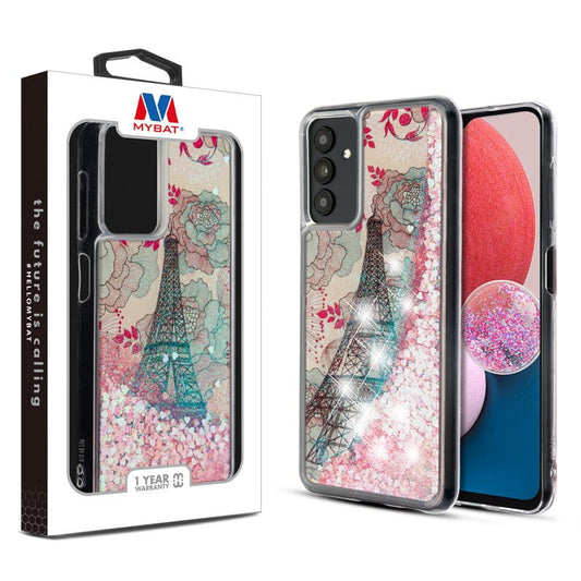 MyBat Quicksand Glitter Hybrid Protector Cover for Samsung Galaxy A13 5G / Galaxy A13 (4G) - Eiffel Tower & Pink Hearts - MyBat Pro