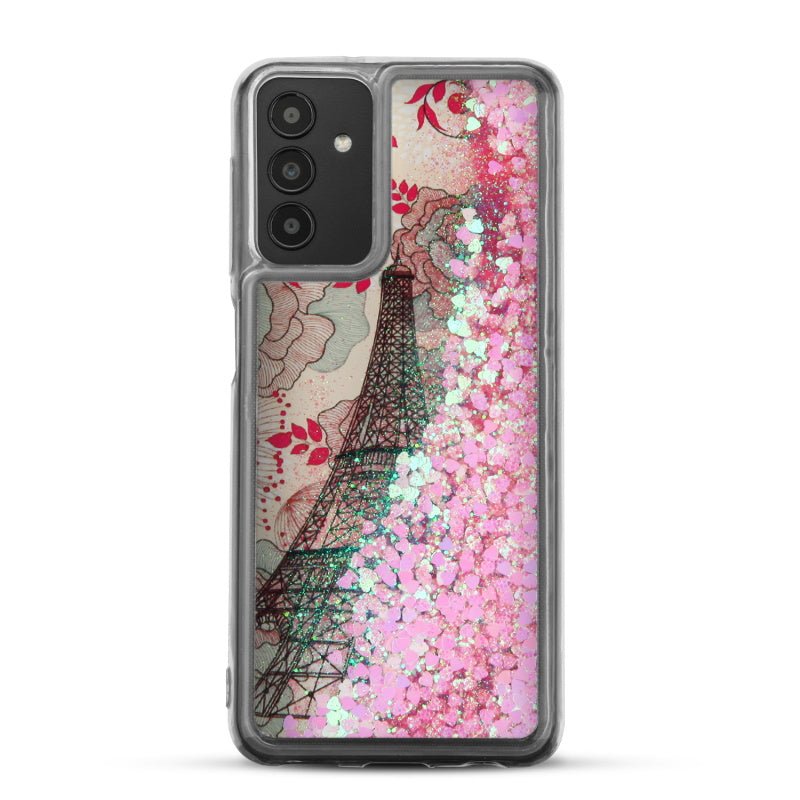 MyBat Quicksand Glitter Hybrid Protector Cover for Samsung Galaxy A13 5G / Galaxy A13 (4G) - Eiffel Tower & Pink Hearts - MyBat Pro