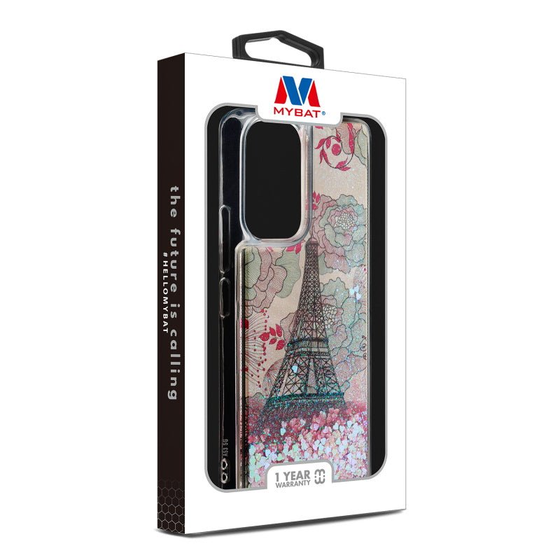 MyBat Quicksand Glitter Hybrid Protector Cover for Samsung Galaxy A53 5G - Eiffel Tower & Pink Hearts - MyBat Pro