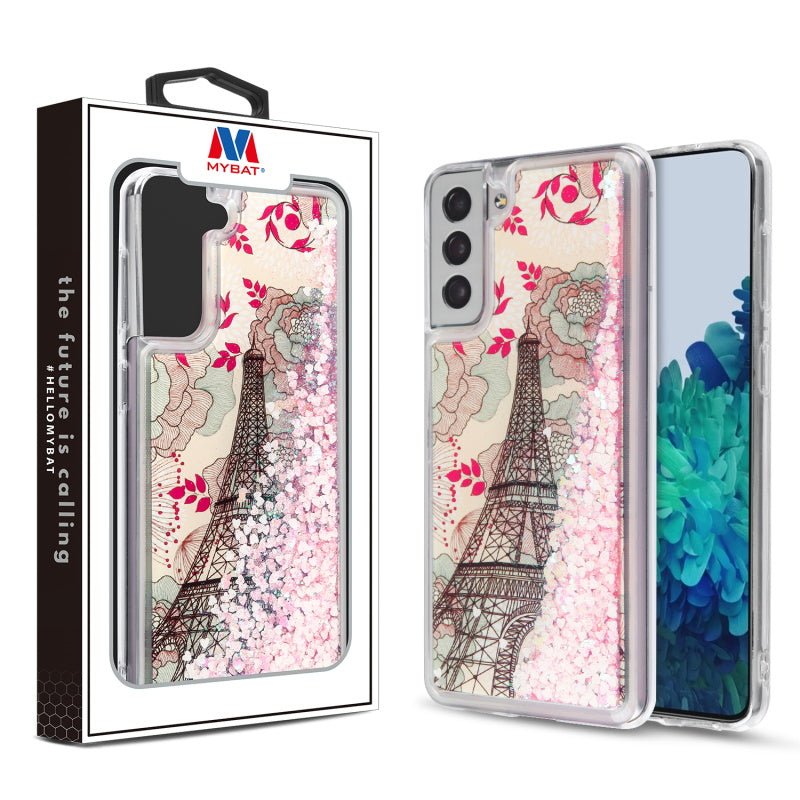 MyBat Quicksand Glitter Hybrid Protector Cover for Samsung Galaxy S21 Plus - Eiffel Tower & Pink Hearts - MyBat Pro