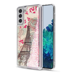 MyBat Quicksand Glitter Hybrid Protector Cover for Samsung Galaxy S21 Plus - Eiffel Tower & Pink Hearts - MyBat Pro