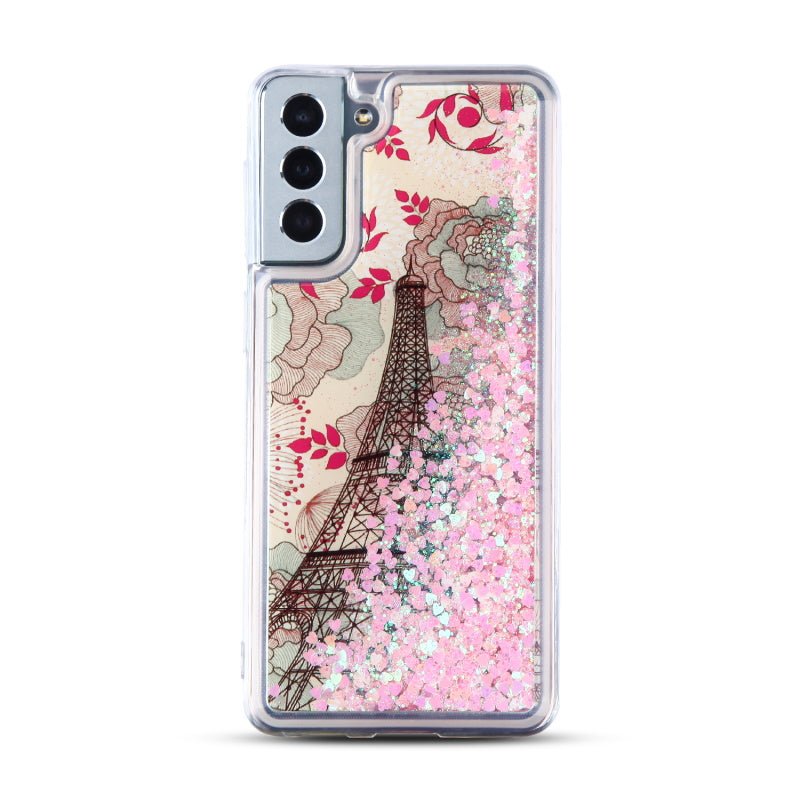 MyBat Quicksand Glitter Hybrid Protector Cover for Samsung Galaxy S21 Plus - Eiffel Tower & Pink Hearts - MyBat Pro