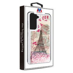 MyBat Quicksand Glitter Hybrid Protector Cover for Samsung Galaxy S21 Plus - Eiffel Tower & Pink Hearts - MyBat Pro