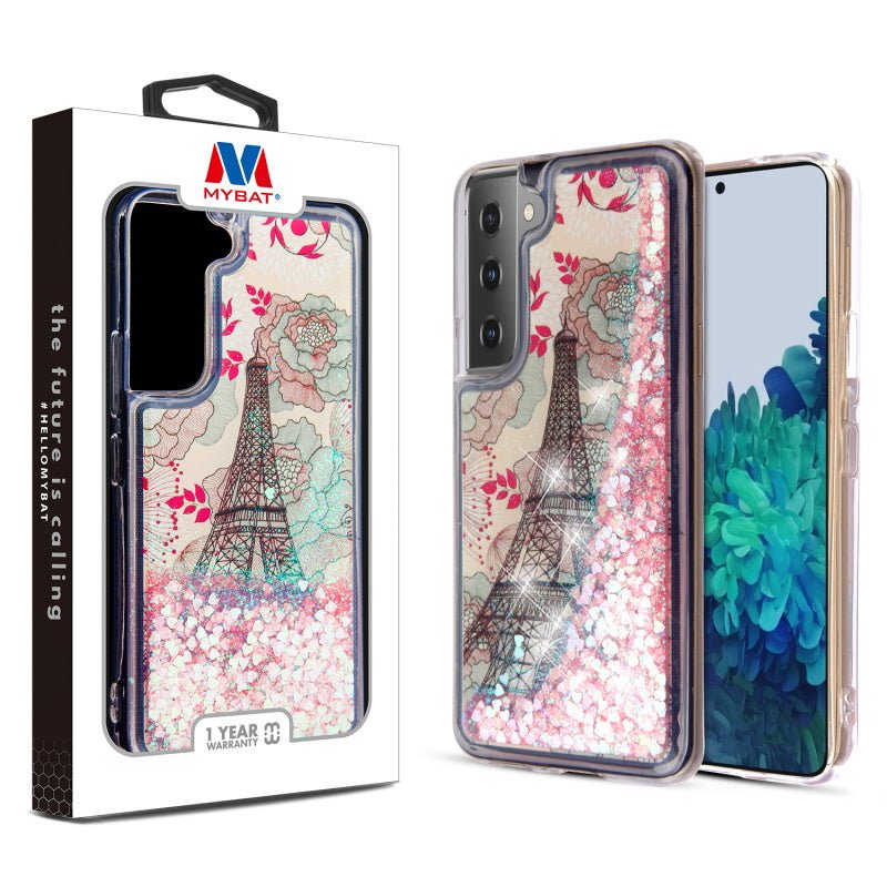 MyBat Quicksand Glitter Hybrid Protector Cover for Samsung Galaxy S22 Plus - Eiffel Tower & Pink Hearts - MyBat Pro