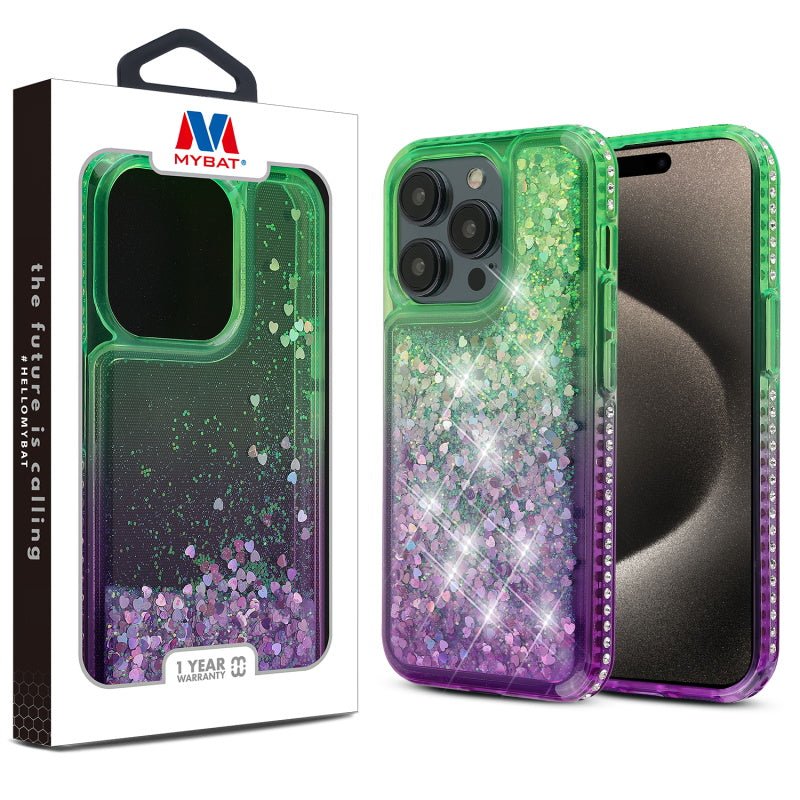 MyBat Quicksand Glitter with Diamonds Protector Cover for Apple iPhone 15 Pro Max (6.7) - Purple / Green Gradient - MyBat Pro