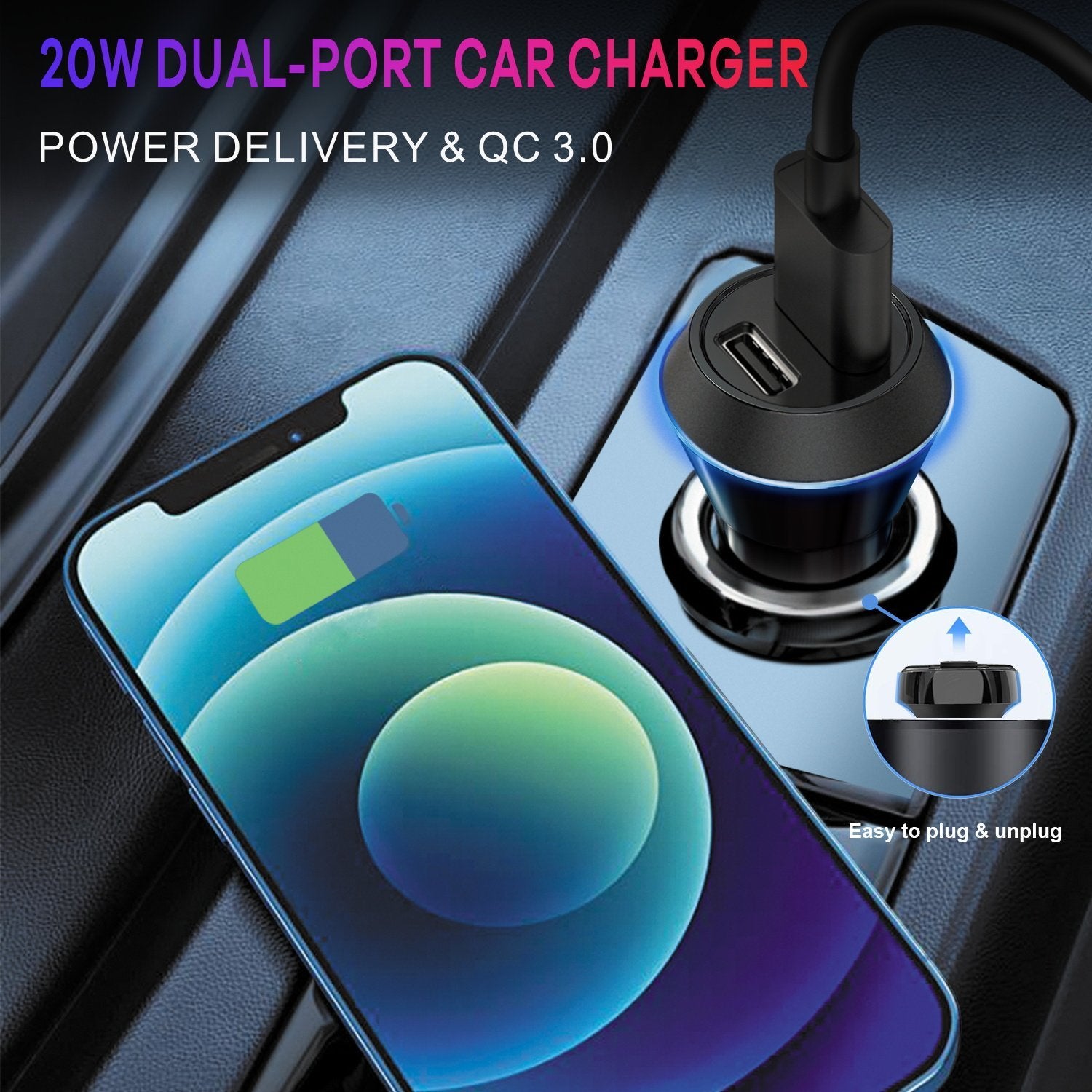 2 - Port Quick Fast Charging Power Delivery Car Charger (20W) - MyBat Pro